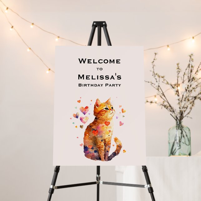 Cute Tabby Cat with Hearts Birthday Welcome Foam Board (In Situ (Stand))