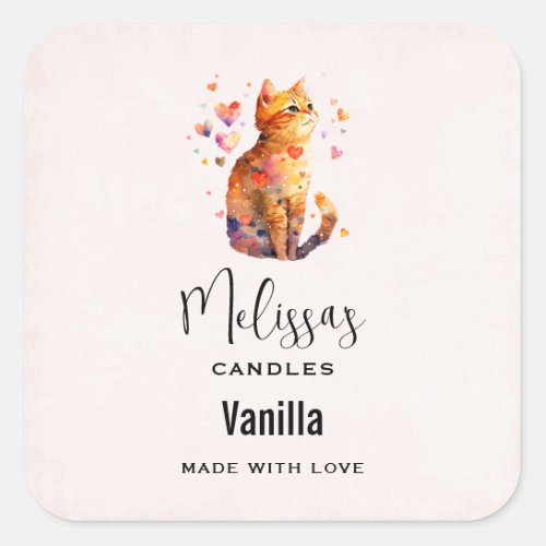 Cute Tabby Cat with Hearts Candle Craft Square Sticker