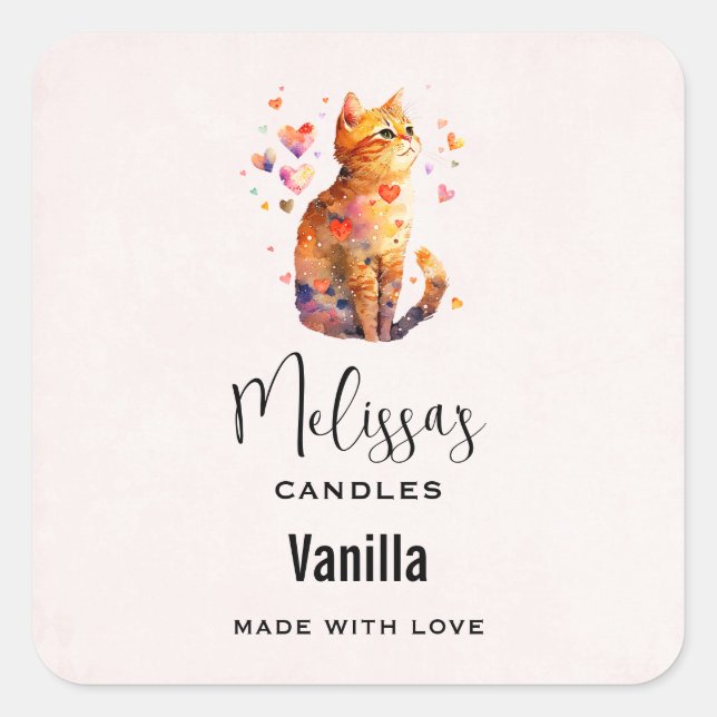 Cute Tabby Cat with Hearts Candle Craft Square Sticker (Front)
