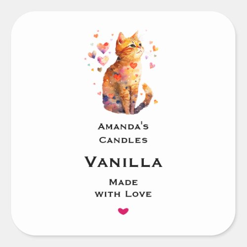 Cute Tabby Cat with Hearts Candle Craft Square Sticker