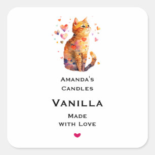 Cute Tabby Cat with Hearts Candle Craft Square Sticker