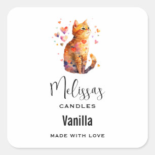 Cute Tabby Cat with Hearts Candle Craft Square Sticker