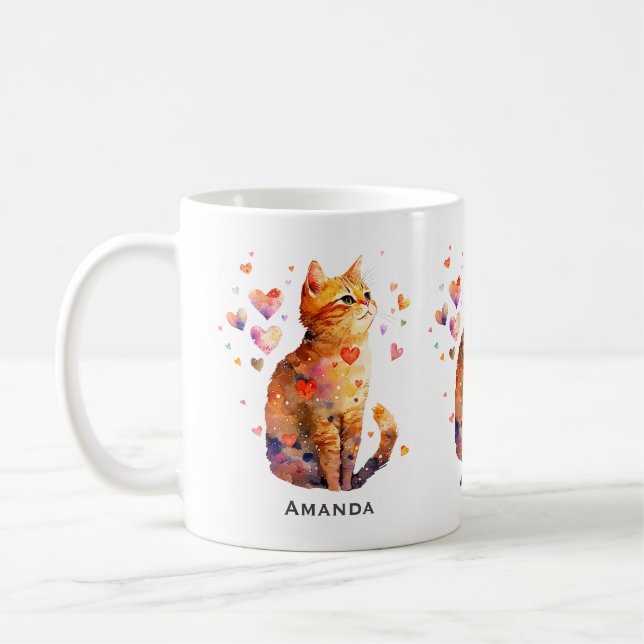 Cute Tabby Cat with Hearts Coffee Mug (Left)