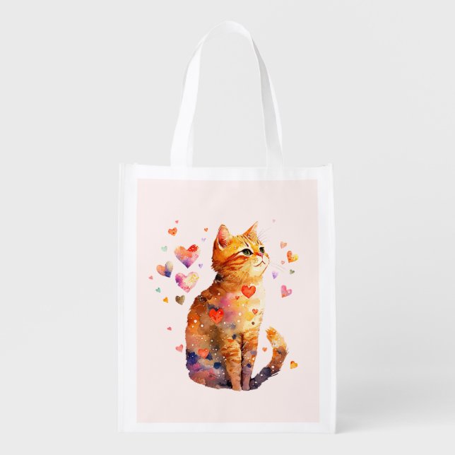 Cute Tabby Cat with Hearts Grocery Bag (Front)