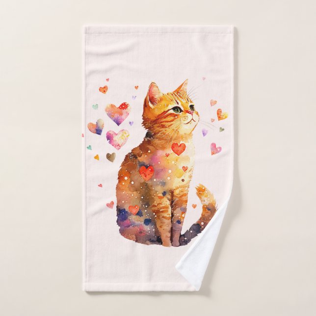 Cute Tabby Cat with Hearts Hand Towel (Hand Towel)