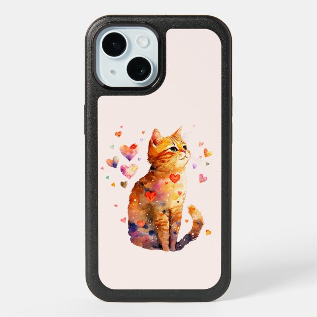 Cute Tabby Cat with Hearts iPhone 15 Case (Back)