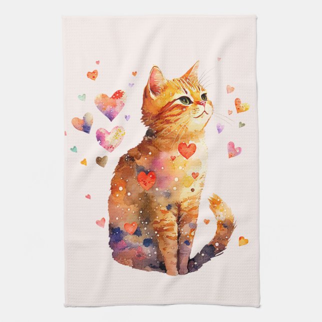  Cute Tabby Cat with Hearts Kitchen Towel (Vertical)