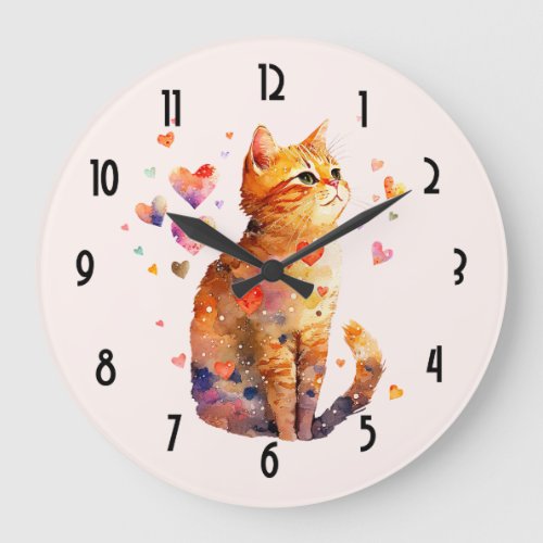 Cute Tabby Cat with Hearts Large Clock