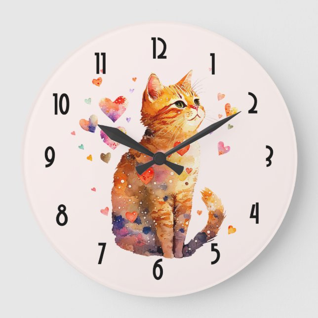 Cute Tabby Cat with Hearts Large Clock (Front)