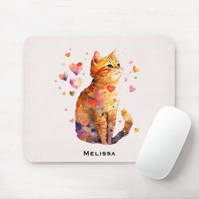 Cute Tabby Cat with Hearts Mouse Pad (With Mouse)