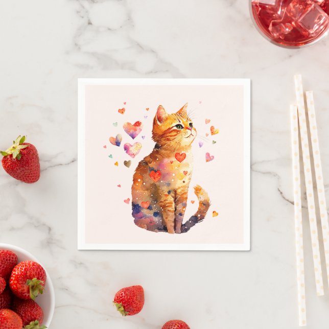 Cute Tabby Cat with Hearts Napkins (Insitu)