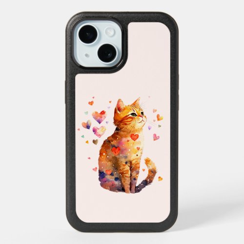 Cute Tabby Cat with Hearts iPhone 15 Case
