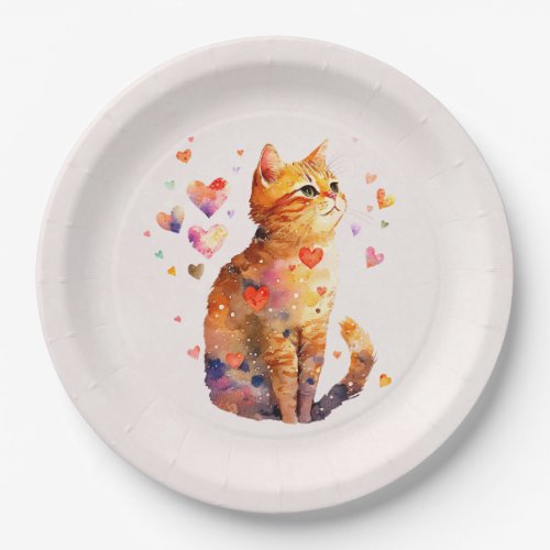 Cute Tabby Cat with Hearts Paper Plates
