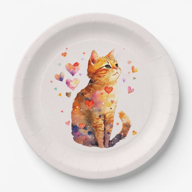 Cute Tabby Cat with Hearts Paper Plates (Front)