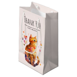 Cute Tabby Cat with Hearts Party Thank You Small Gift Bag