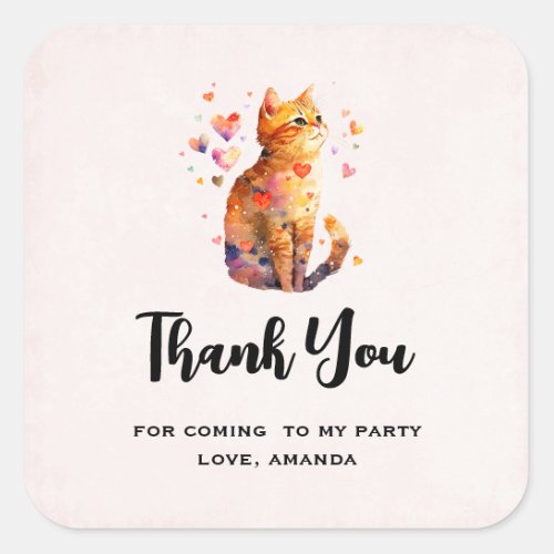 Cute Tabby Cat with Hearts Party Thank You Square Sticker