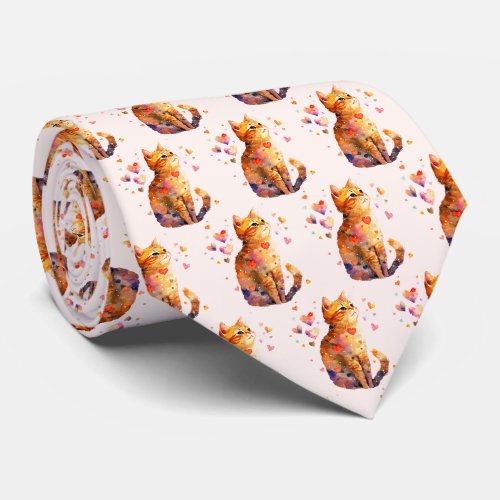 Cute Tabby Cat with Hearts Pattern Neck Tie