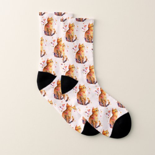 Cute Tabby Cat with Hearts Pattern Socks