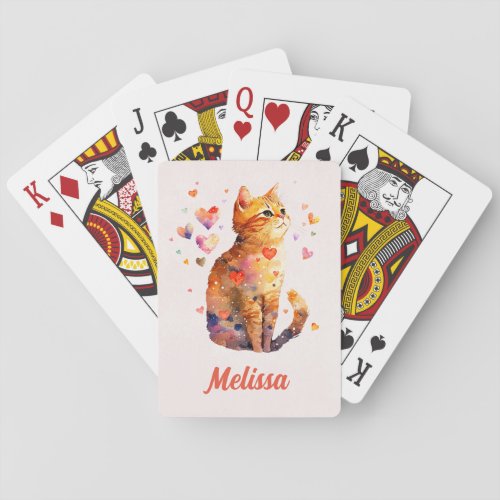 Cute Tabby Cat with Hearts Playing Cards