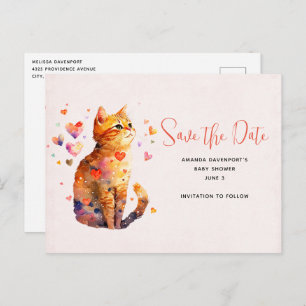 Cute Tabby Cat with Hearts Save the Date Invitation Postcard
