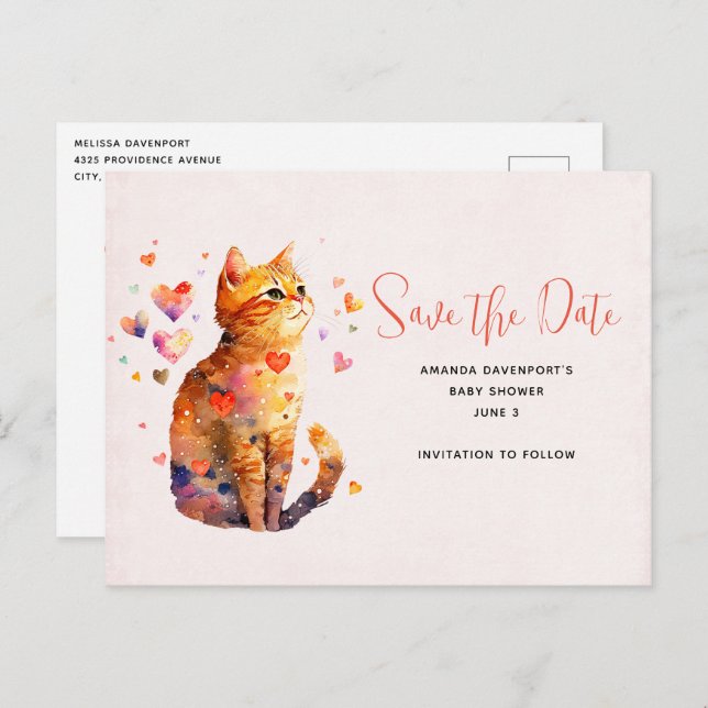 Cute Tabby Cat with Hearts Save the Date Invitation Postcard (Front/Back)