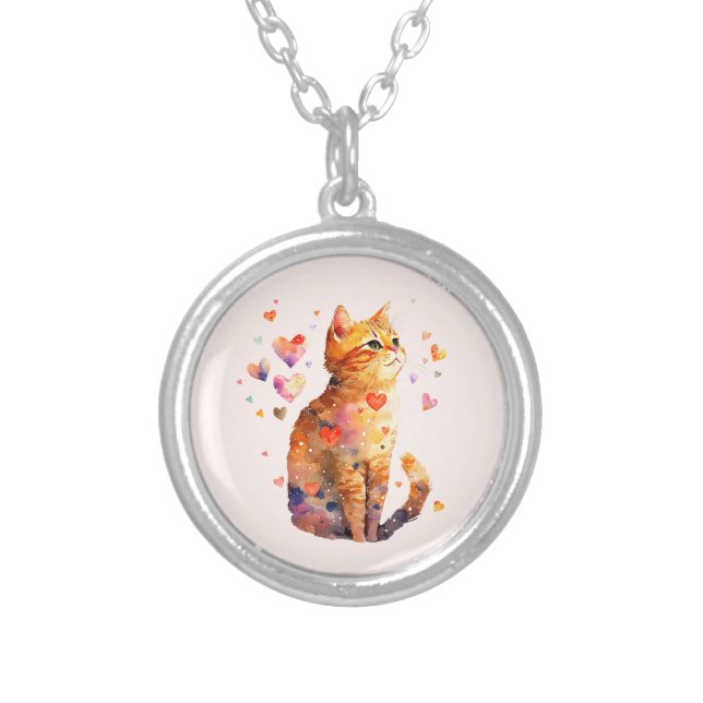  Cute Tabby Cat with Hearts Silver Plated Necklace (Front)