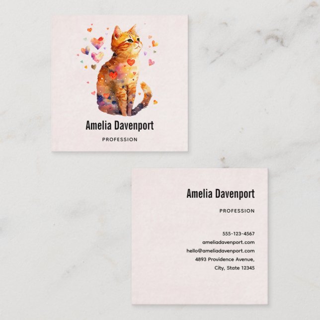 Cute Tabby Cat with Hearts Square Business Card (Front/Back)