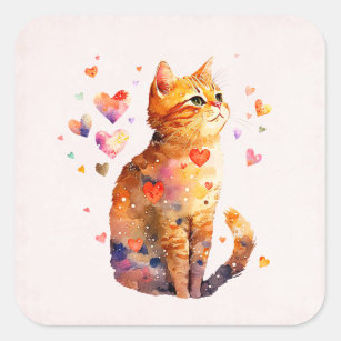Cute Tabby Cat with Hearts Square Sticker