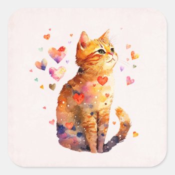 Cute Tabby Cat With Hearts Square Sticker by Mirribug at Zazzle
