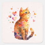 Cute Tabby Cat with Hearts Square Sticker