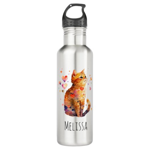 Cute Tabby Cat with Hearts Stainless Steel Water Bottle