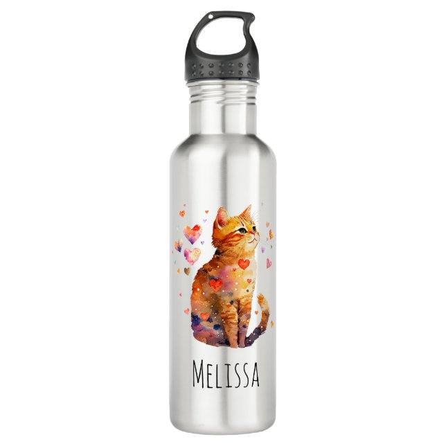 Cute Tabby Cat with Hearts Stainless Steel Water Bottle (Front)