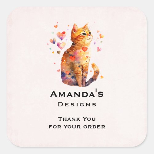  Cute Tabby Cat with Hearts Thank You Business Square Sticker