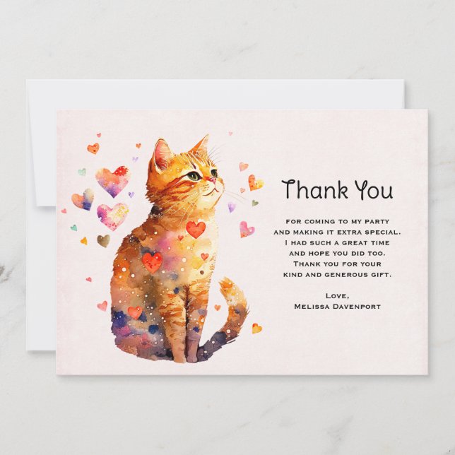 Cute Tabby Cat with Hearts Thank You Card (Front)
