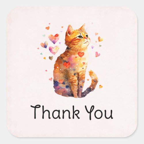 Cute Tabby Cat with Hearts Thank You Square Sticker