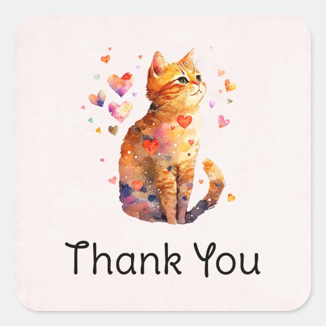 Cute Tabby Cat with Hearts Thank You Square Sticker (Front)