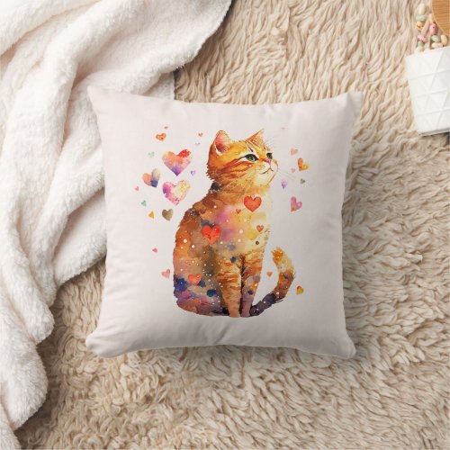 Cute Tabby Cat with Hearts Throw Pillow