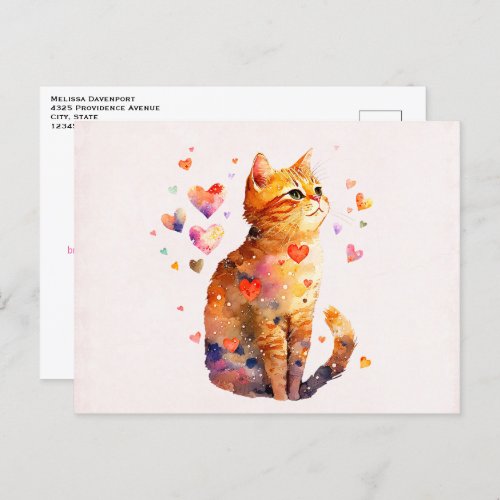 Cute Tabby Cat with Hearts Valentines Day Holiday Postcard