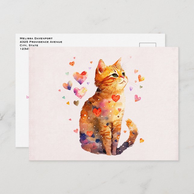 Cute Tabby Cat with Hearts Valentine's Day Holiday Postcard (Front/Back)