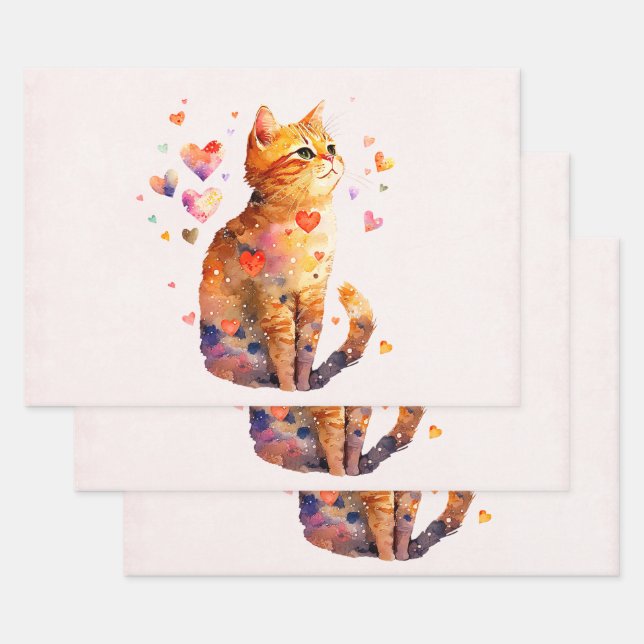 Cute Tabby Cat with Hearts Wrapping Paper Sheets (Set)