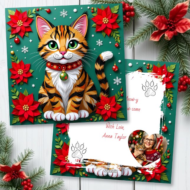 Cute Tabby Cat with Poinsettias Custom Christmas Holiday Card (Creator Uploaded)