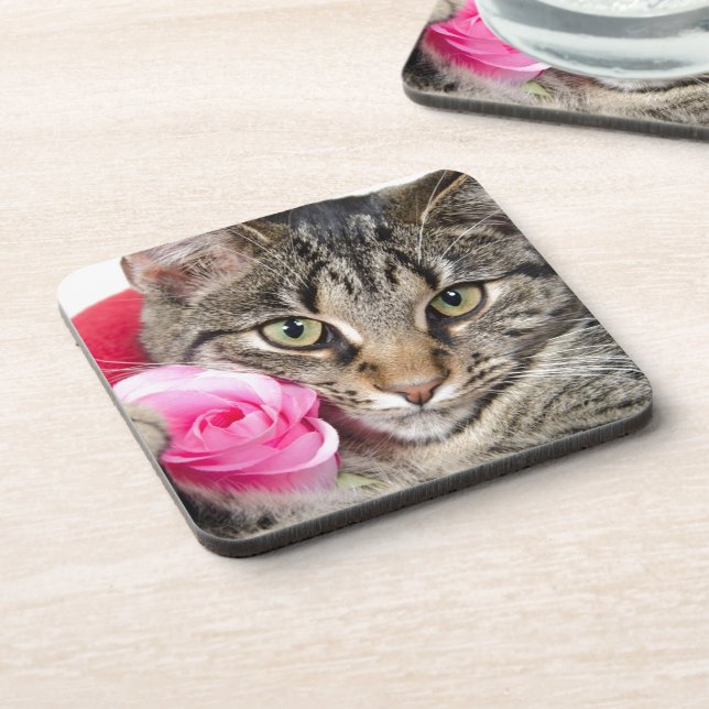 Cute Tabby Cat With Rose Drink Coaster (Left Side)