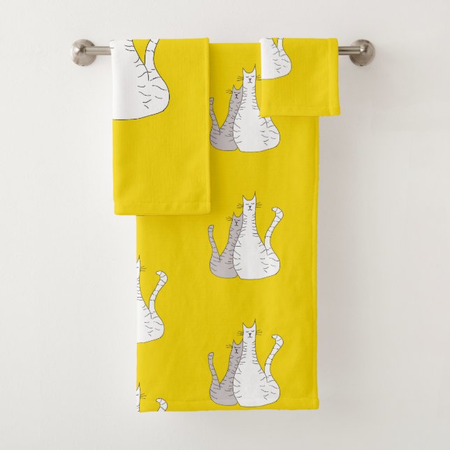 Cute Tabby Cats Pattern Yellow   Bath Towel Set (Insitu)