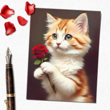 Cute Tabby Ginger Cat Holding a Red Rose