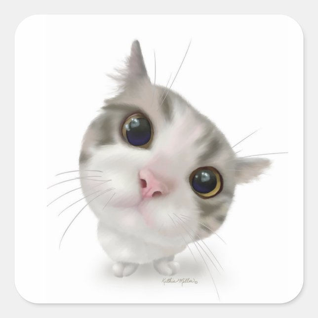Cute Tabby Kitten Cartoon Square Sticker (Front)