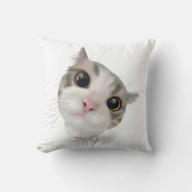 Cute Tabby Kitten Cartoon Throw Pillow (Front)