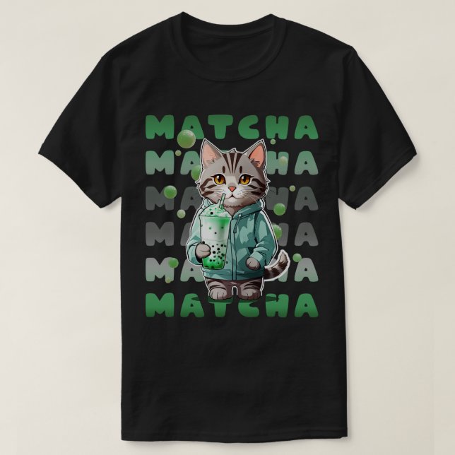 Cute Tabby Kitten in Hoodie drinking Matcha Green  T-Shirt (Design Front)