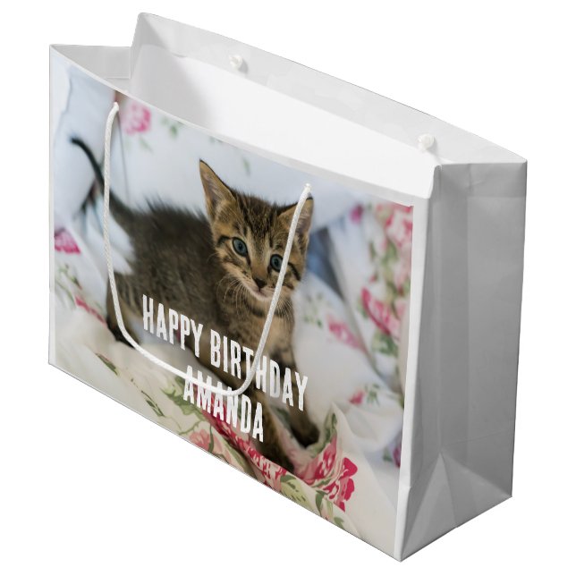 Cute Tabby Kitten Looking Surprised Birthday Large Gift Bag (Front Angled)