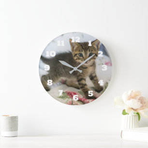 Cute Tabby Kitten Looking Surprised Large Clock