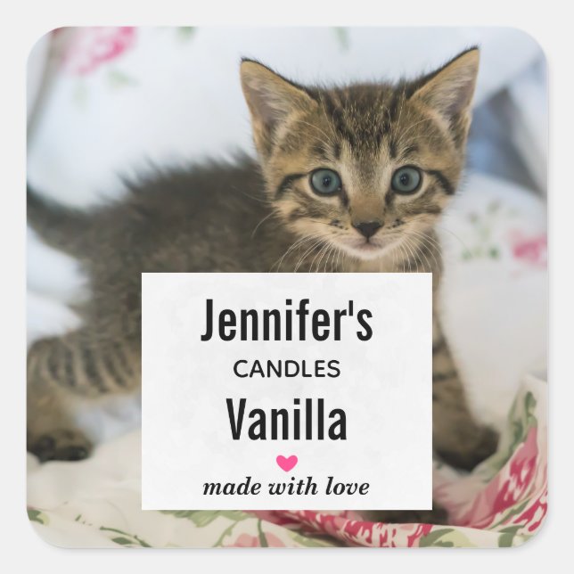 Cute Tabby Kitten Photo Candle Business Square Sticker (Front)